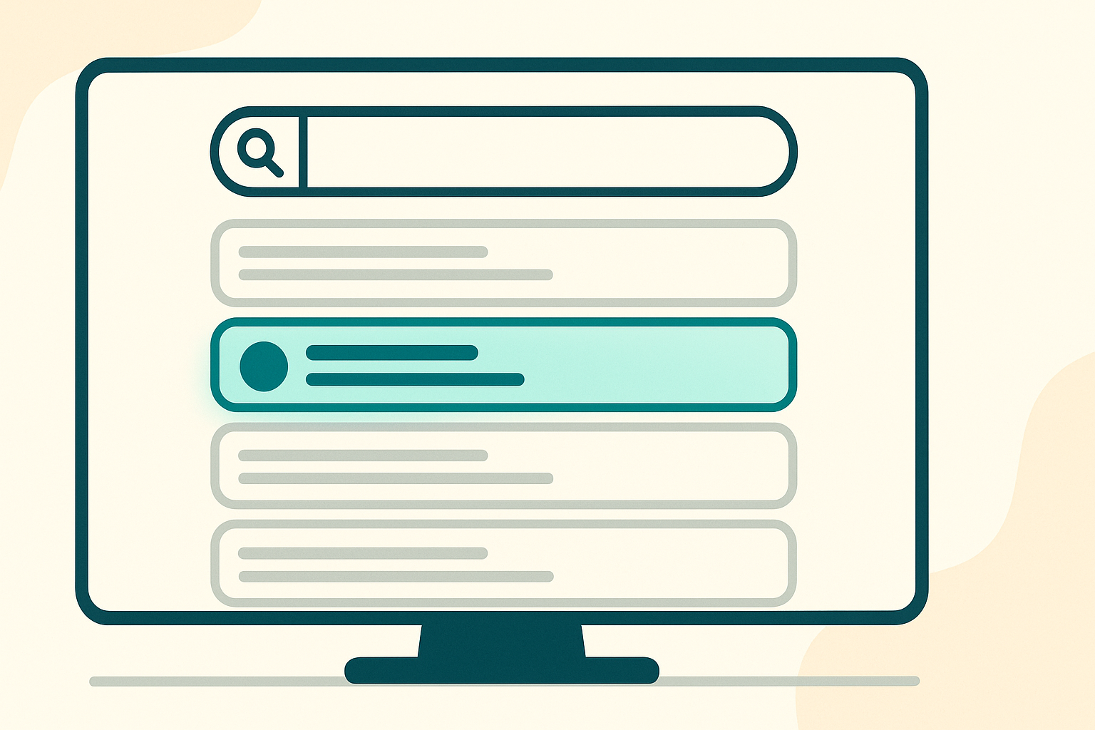 Personal Title Tags and Clickbait (Google 2026) Hero Image: Search results page with one title written in a personal, human voice and others looking generic, the personal one highlighted with a subtle spotlight, flat vector style, light background, 16:9, with no brand logos.