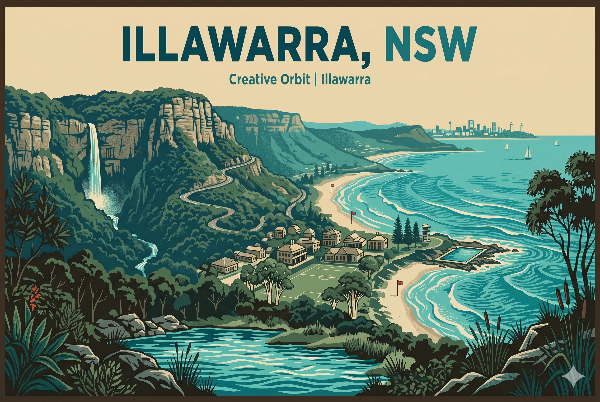 A vector-style travel poster for the Southern Highlands, NSW. Text reads 'SOUTHERN HIGHLANDS, NSW' and 'Creative Orbit | Illawarra'. The illustration features a wide vista across rolling, forested hills and a deep valley, with a detailed central historical town cluster of heritage buildings, gardens, and a large sandstone escarpment