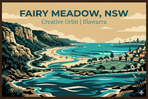 A vector-style travel poster for Fairy Meadow, NSW. Text reads 'FAIRY MEADOW, NSW' and 'Creative Orbit | Illawarra'. The illustration depicts a view across Fairy Meadow Beach with surf flags and distant figures, the distinctive mouth of Fairy Creek, green playing fields, residential houses, and the Wollongong cityscape on the far horizon.