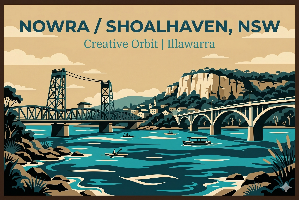 A vector-style travel poster for Nowra / Shoalhaven, NSW. Text reads 'NOWRA / SHOALHAVEN, NSW' and 'Creative Orbit | Illawarra'. The illustration shows a view across the Shoalhaven River with a historical truss bridge and a modern arch bridge, background sandstone cliffs, a riverfront town, and small boats on the water.