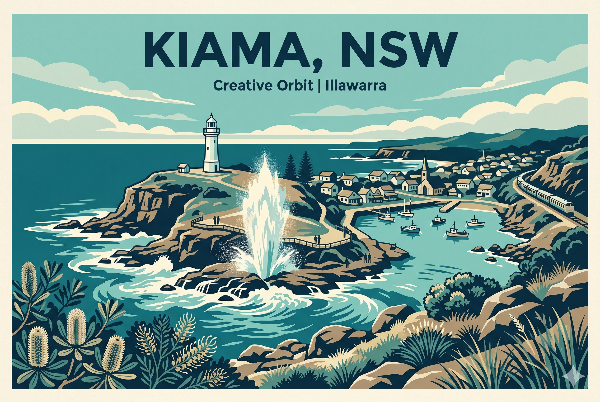 A vector-style travel poster for Kiama, NSW. Text reads 'KIAMA, NSW' and 'Creative Orbit | Illawarra'. The detailed illustration features a central view of Kiama Harbour with fishing boats and surrounding town cluster, and a large volcanic headland with a powerful plume of water erupting from the unique Big Blowhole.