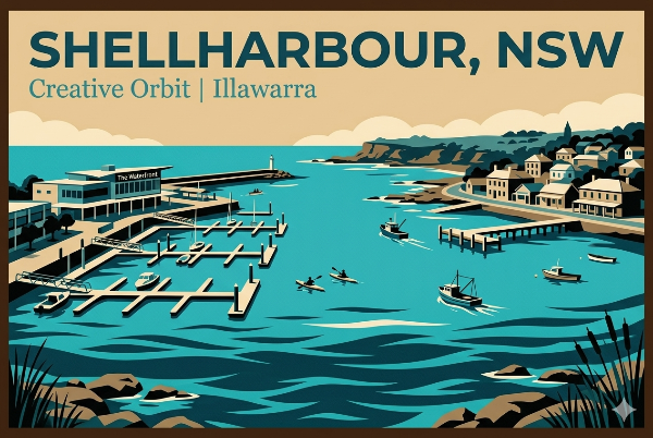 A vector-style travel poster for Shellharbour, NSW. Text reads 'SHELLHARBOUR, NSW' and 'Creative Orbit | Illawarra'. The illustration provides a detailed view of Shellharbour marina with pontoons, marina buildings, and historical village architecture, linked by a complex channel bridge, with the rugged natural headland of Bass Point in the background.