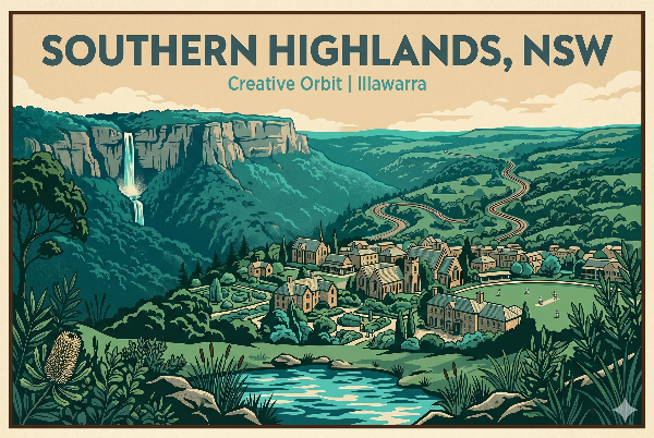 A vector-style travel poster for the Southern Highlands, NSW. Text reads 'SOUTHERN HIGHLANDS, NSW' and 'Creative Orbit | Illawarra'. The illustration features a wide vista across rolling, forested hills and a deep valley, with a detailed central historical town cluster of heritage buildings, gardens, and a large sandstone escarpment.