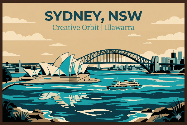 A vector-style travel poster for Sydney, NSW. Text reads 'SYDNEY, NSW' and 'Creative Orbit | Illawarra'. The detailed illustration features the iconic Sydney Opera House sails, the Harbour Bridge, a stylized downtown skyline, a small ferry on a rippled water surface, and foreground vegetation.