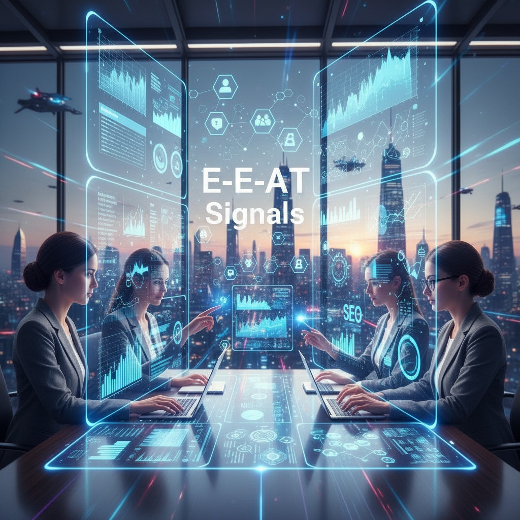 Futuristic SEO content strategy with E-E-A-T signals shown as holographic analytics and expert digital marketers collaborating on laptops