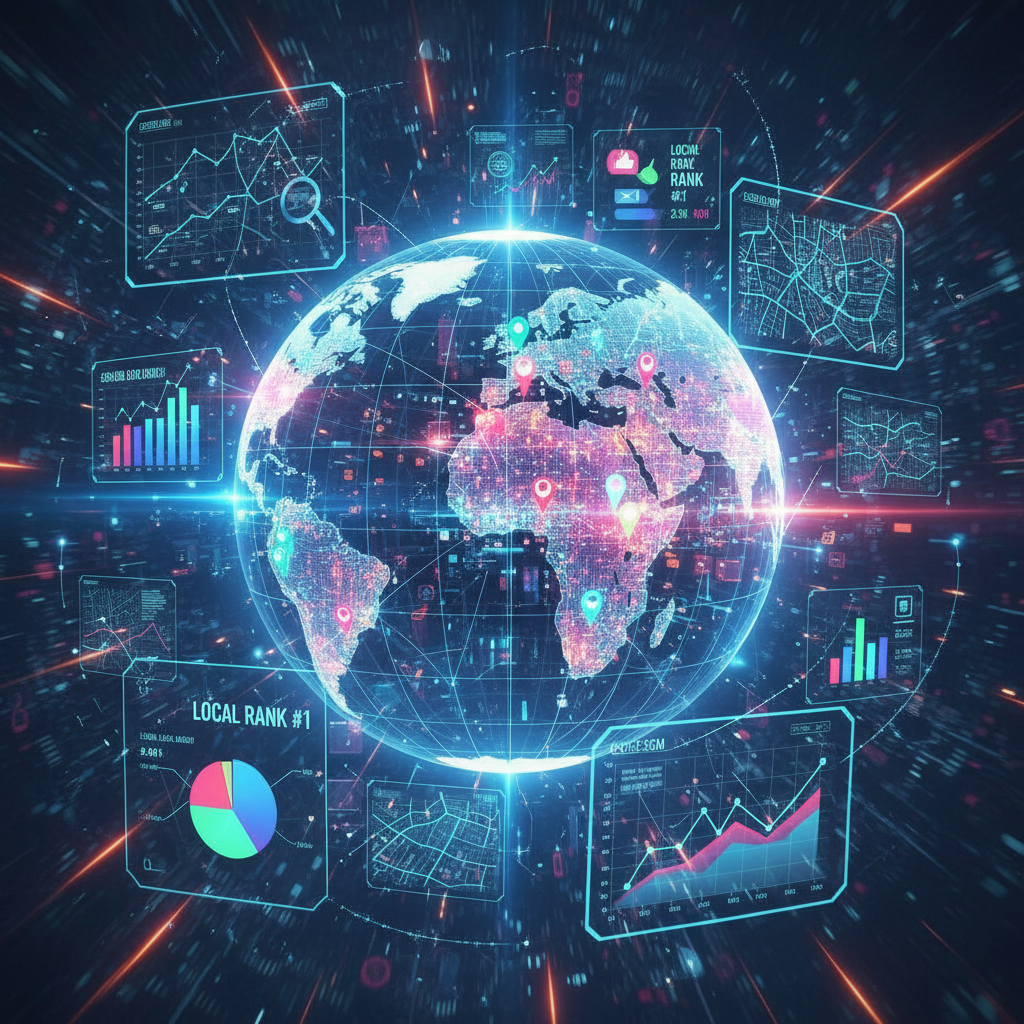 Futuristic local SEO dominance illustration showing a glowing city map, neon location pins, and digital analytics overlays, representing advanced 2025 geographic SEO strategies and technology.