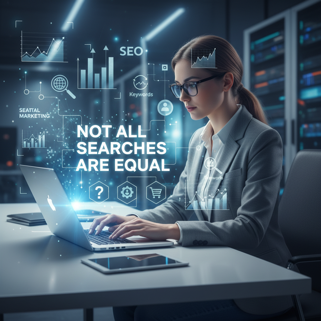 Person analyzing SEO audit graphs and keyword search intent data – emphasizing that not all searches are equal for effective website optimization in 2025