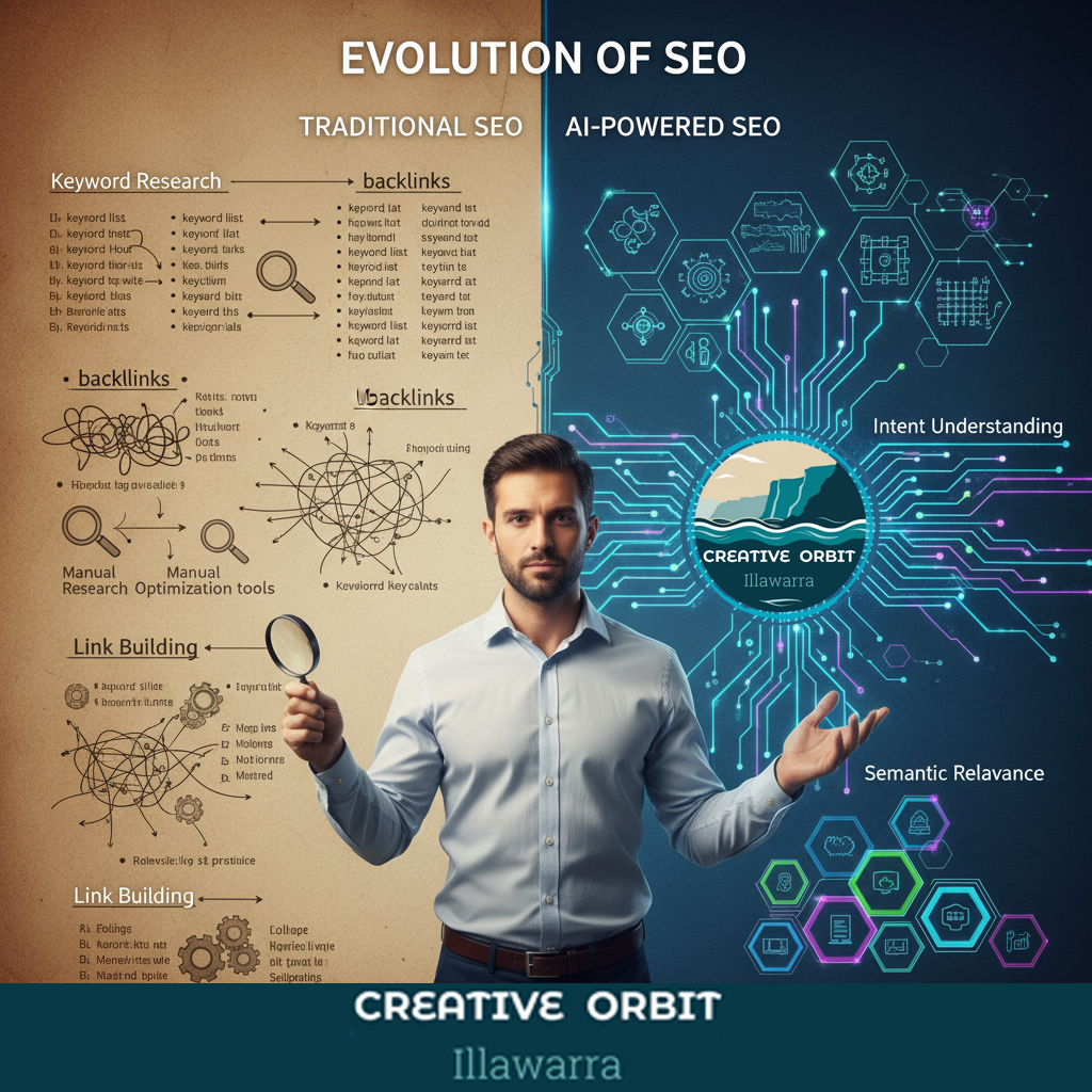 Split-screen visual comparing Old SEO tactics with AI-First SEO strategies, showing keyword research and link building vs intent understanding and semantic relevance, featuring consultant and digital graphics in distinct color themes