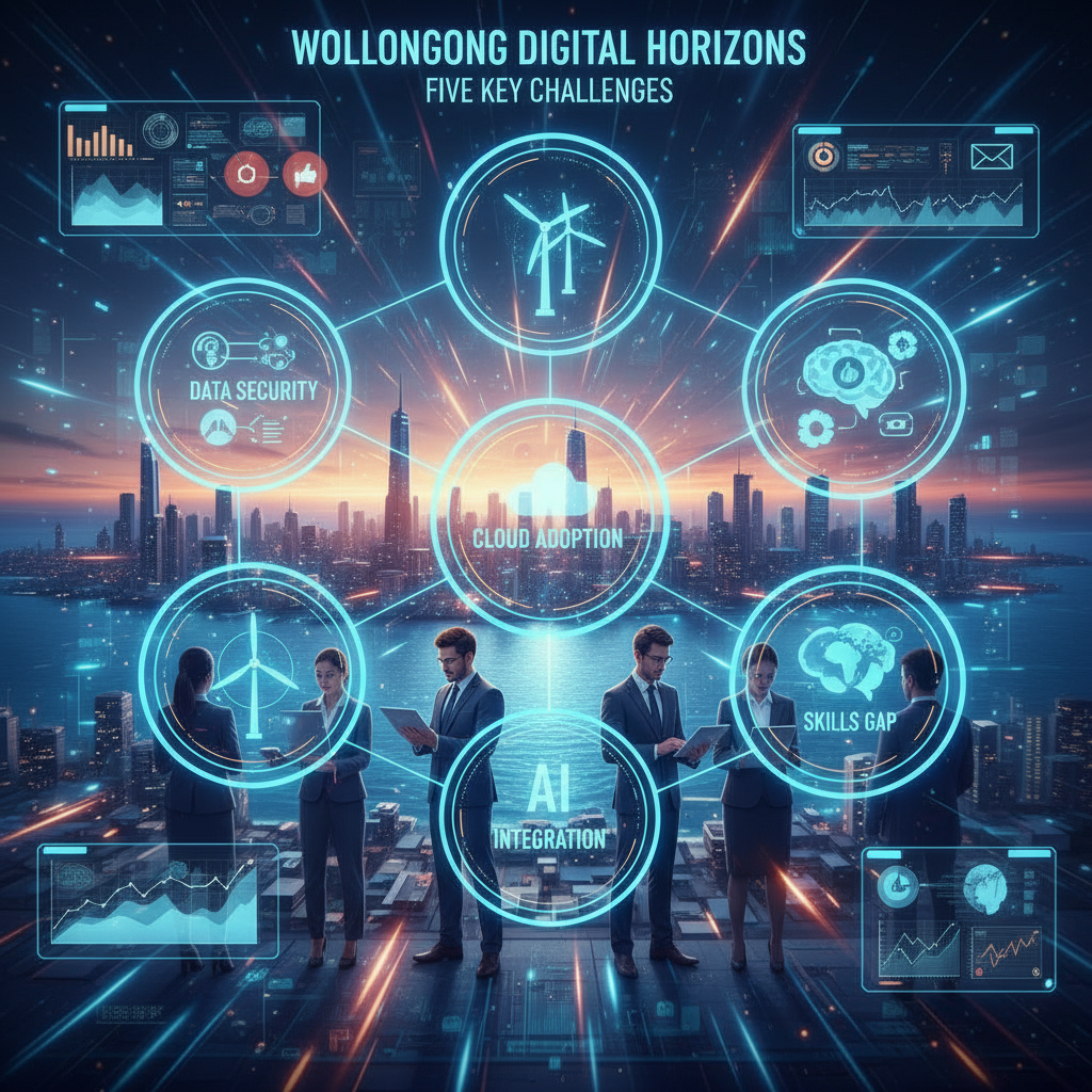 Futuristic illustration depicting Wollongong's digital business challenges, featuring professional business people surrounded by glowing AI technology overlays, data analytics, coastal Australian city elements, and modern digital transformation themes in vibrant colors.