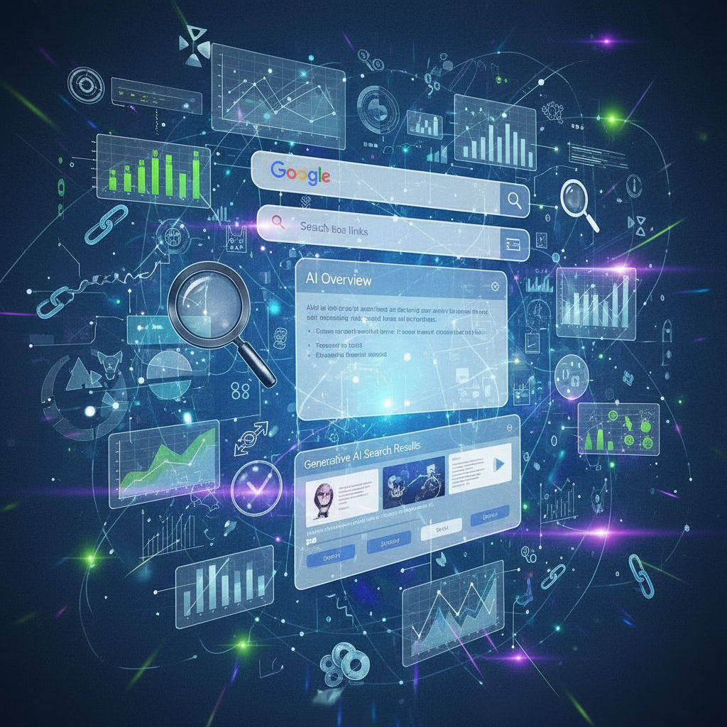 Futuristic illustration showing Google's geographic revolution and AI overviews, with data graphs, search disruption visuals, and vibrant overlays depicting impression realignment of SEO, GEO, AEO.