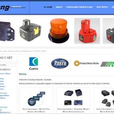 Website design for Bylong Industries featuring electric vehicle component categories and supplier brand logos