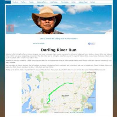Website design for Darling River Run featuring a hero image and map of the NSW outback travel route