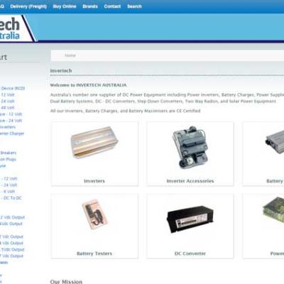 Website design for Invertech Australia featuring a product category grid for inverters and DC power equipment