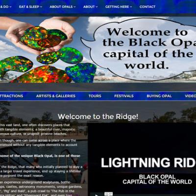 Website design for Lightning Ridge tourism featuring black opal imagery and local attraction information