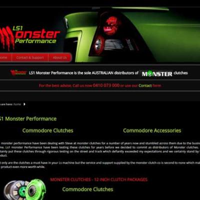 Website design for LS1 Monster Performance featuring a dark automotive theme and Commodore clutch products