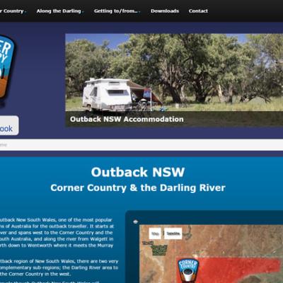 Website design for Outback NSW featuring a Corner Country logo, caravan hero image, and regional map